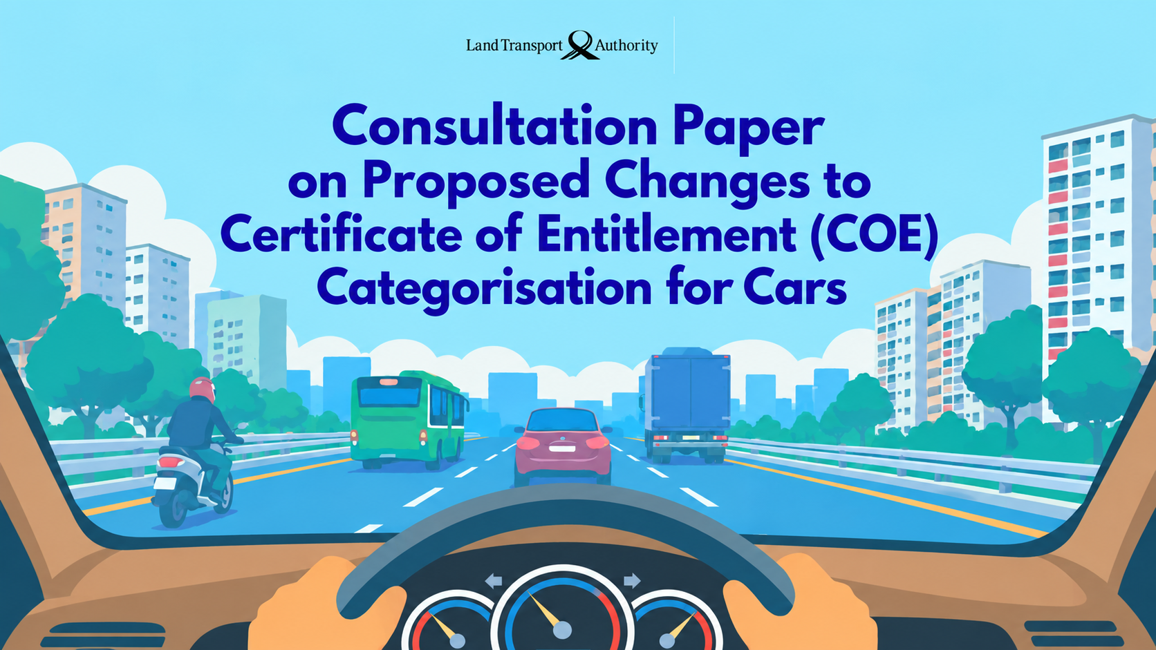 Image of car driving banner that says "consultation paper on proposed changes to COE categorisation for cars"